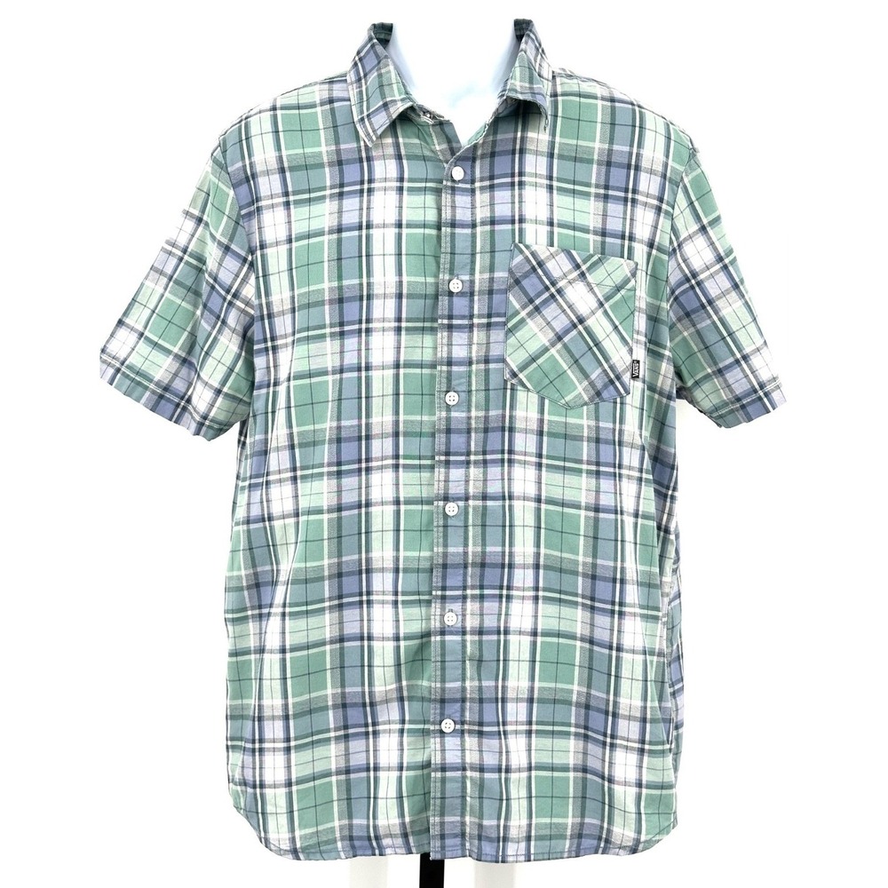 VANS Short Sleeve Plaid Shirt Green Cotton Button Down Men's Medium Off The Wall